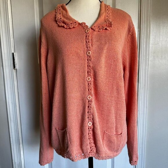 Chadwick's  coral colored knit cardigan with delicate crotchet-style trim - Picture 1 of 7